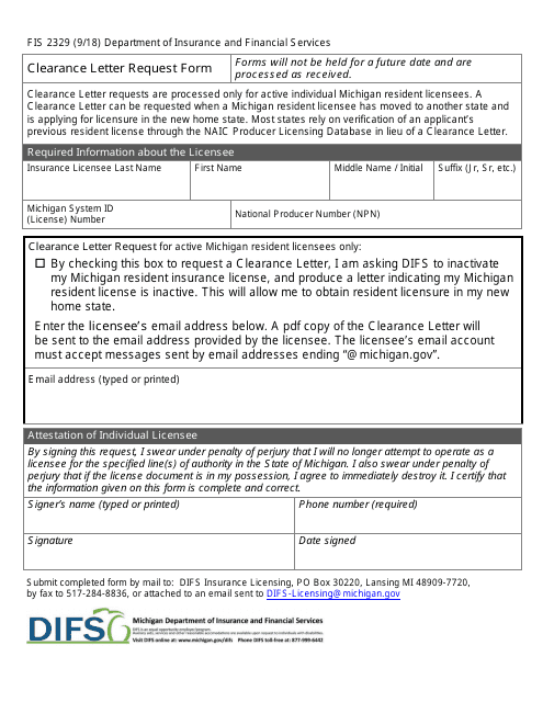Form FIS2329 Clearance Letter Request Form - Michigan