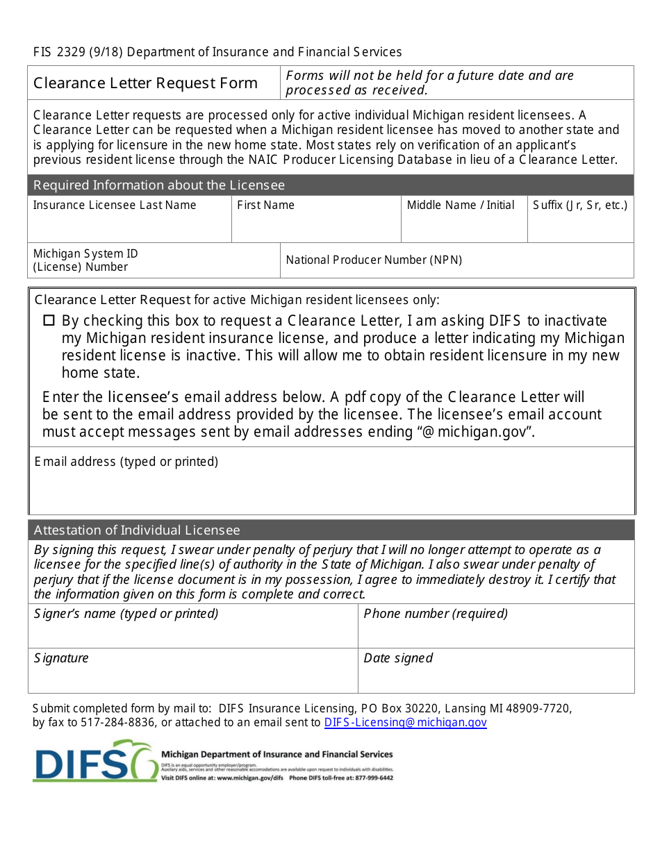 Form FIS2329 Clearance Letter Request Form - Michigan, Page 1