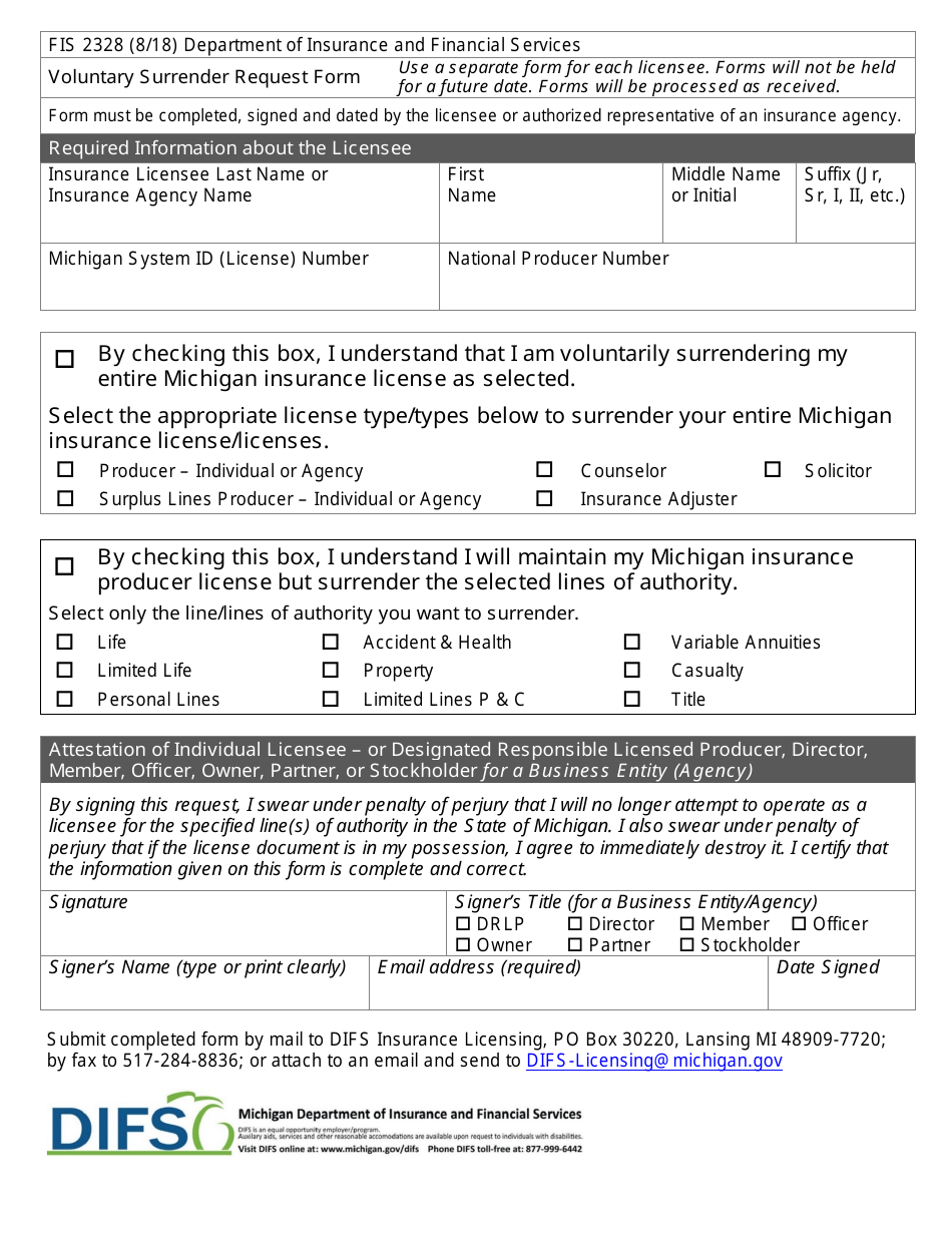 Form FIS2328 Voluntary Surrender Request Form - Michigan, Page 1