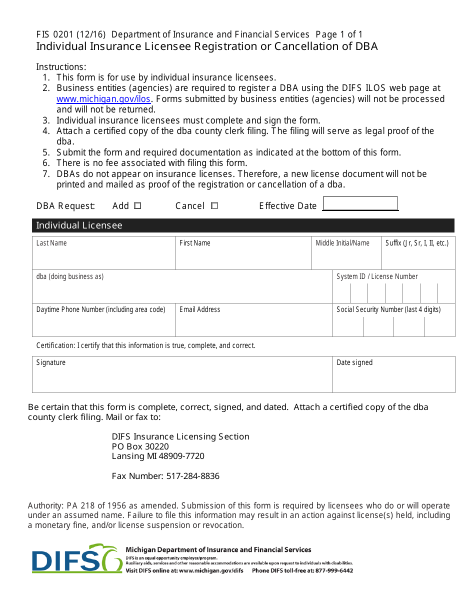 Form FIS0201 Individual Insurance Licensee Registration or Cancellation of Dba - Michigan, Page 1