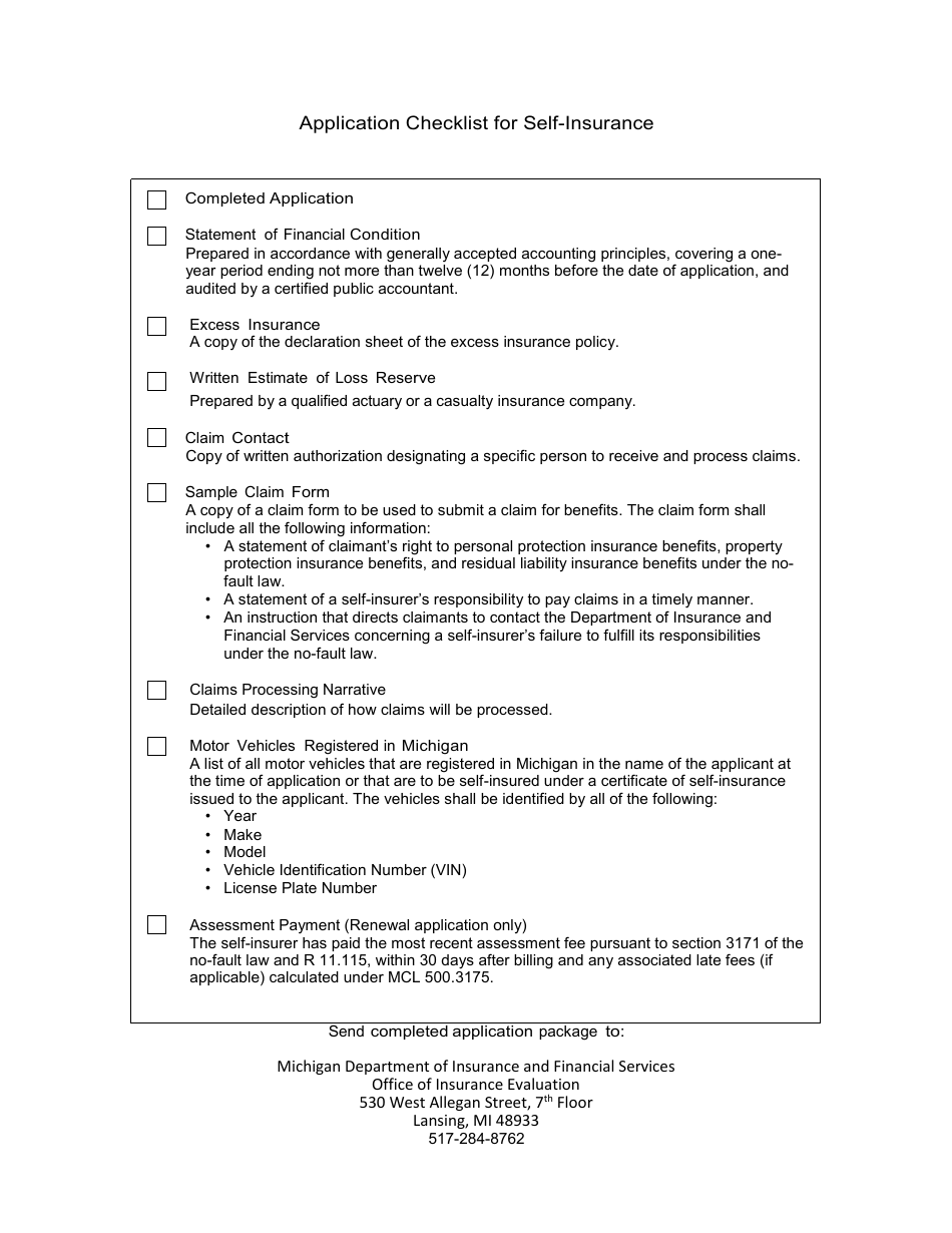 Application Checklist for Self-insurance - Michigan, Page 1