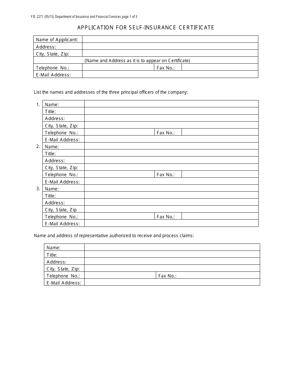 Form FIS2271 Application for Self-insurance Certificate - Michigan, Page 1