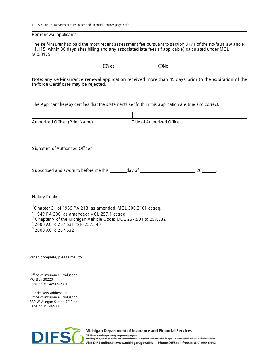 Form FIS2271 Application for Self-insurance Certificate - Michigan, Page 3