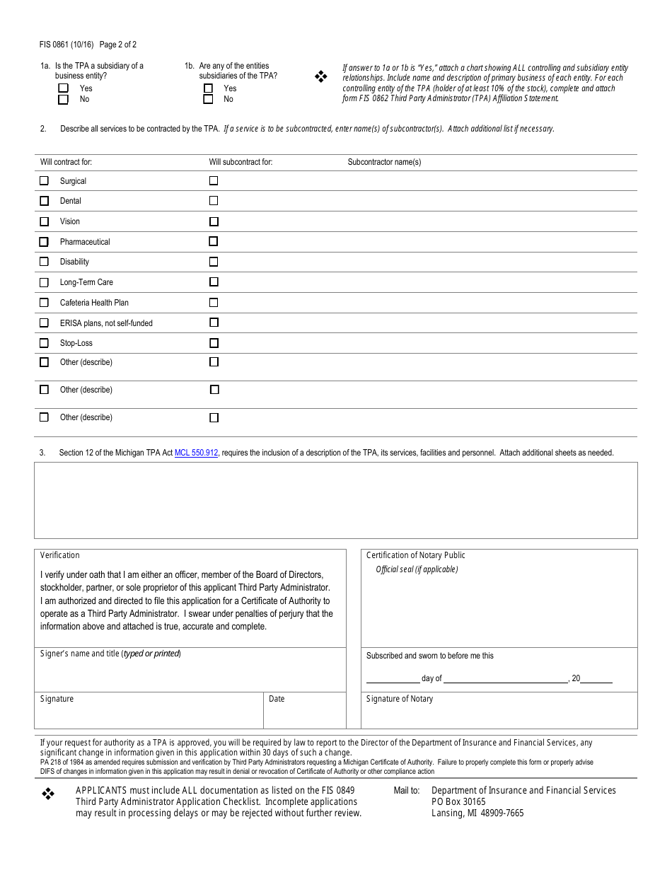Form FIS0861 Third Party Administrator (Tpa) Application for Certificate of Authority - Michigan, Page 2