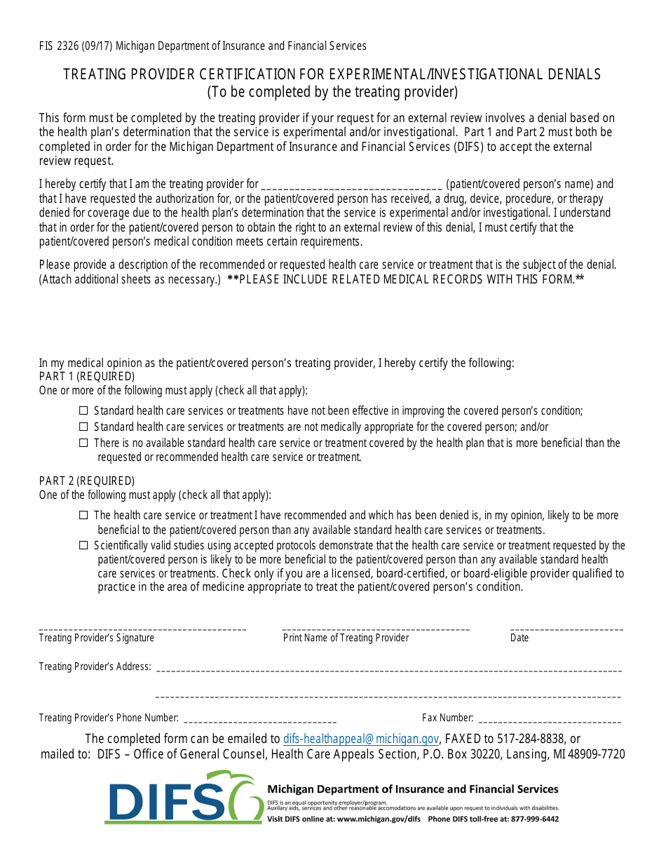Form FIS2326 Treating Provider Certification for Experimental/Investigational Denials - Michigan, Page 1