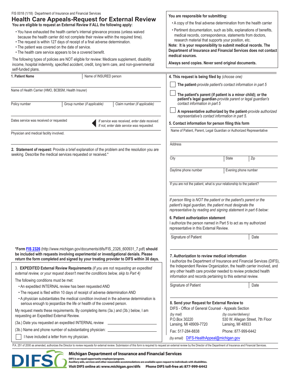 Form FIS0018 Health Care Appeals - Request for External Review - Michigan, Page 1