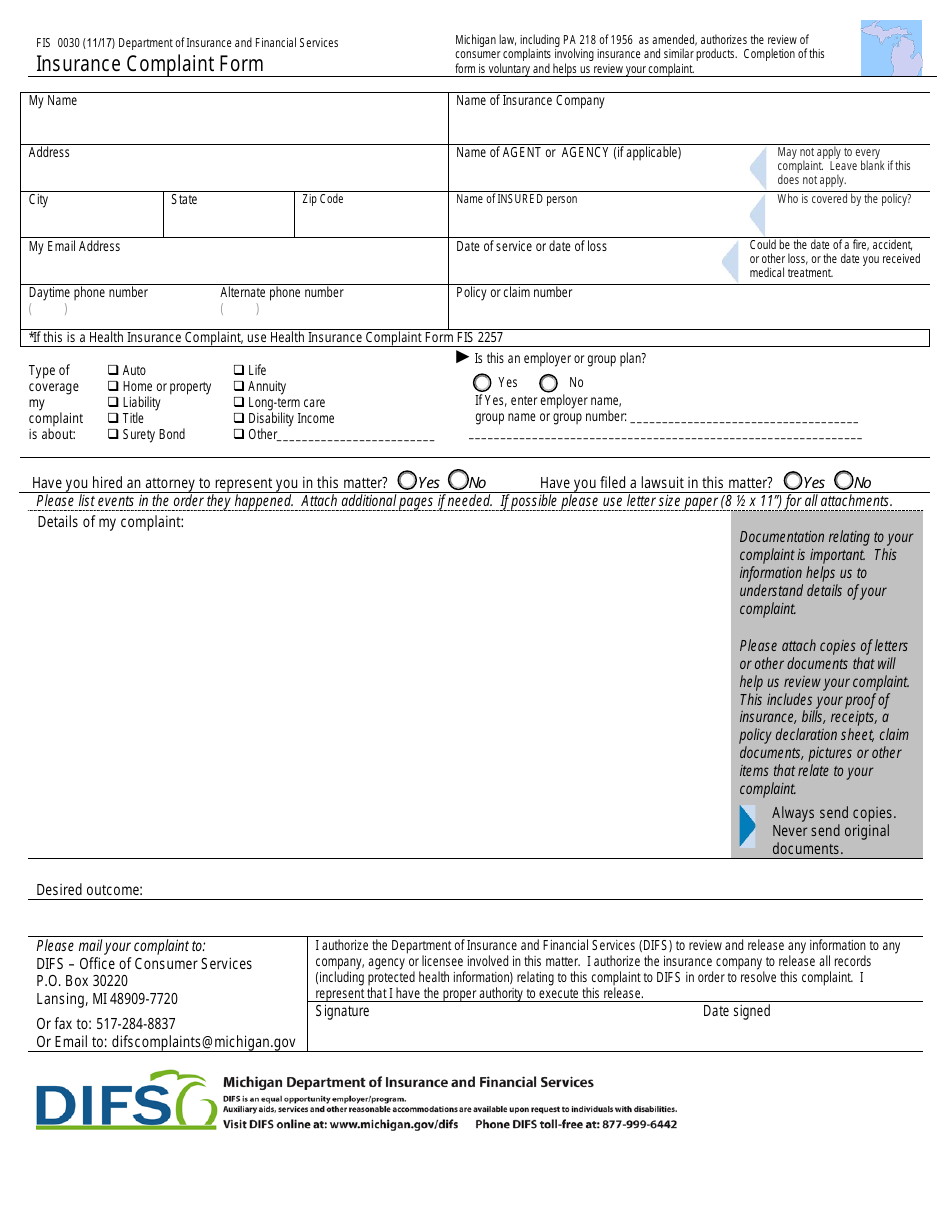 Form FIS0030 Insurance Complaint Form - Michigan, Page 4