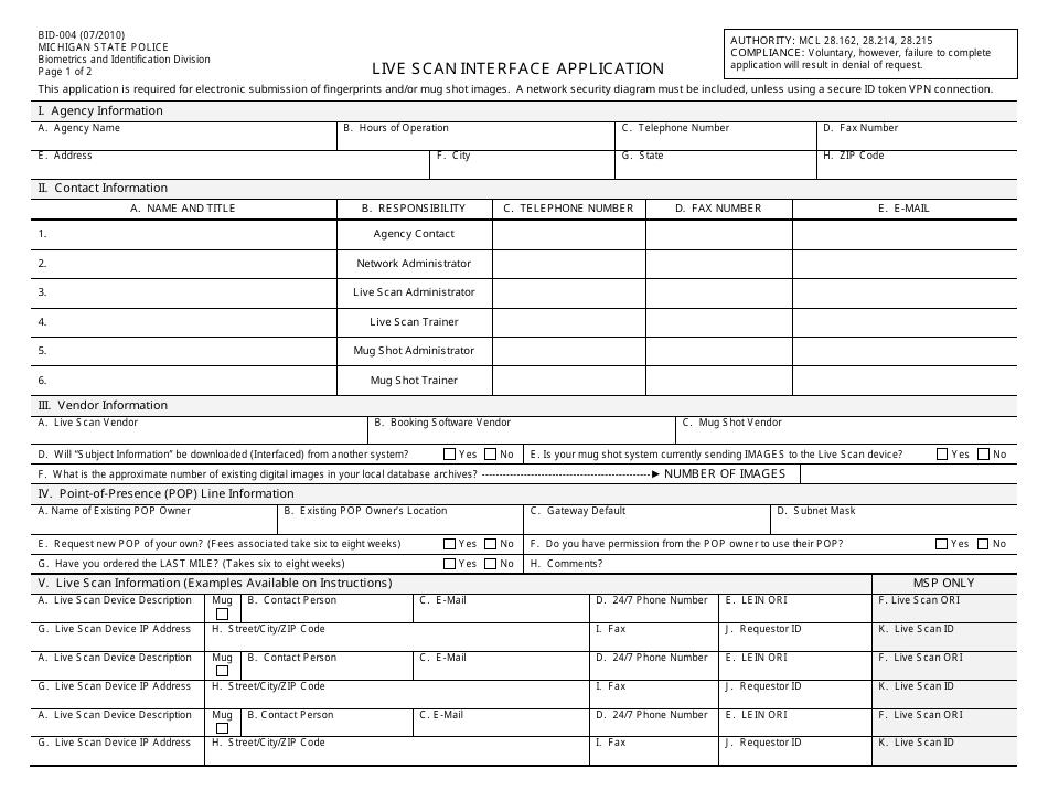 Form BID-004 Live Scan Interface Application - Michigan, Page 1