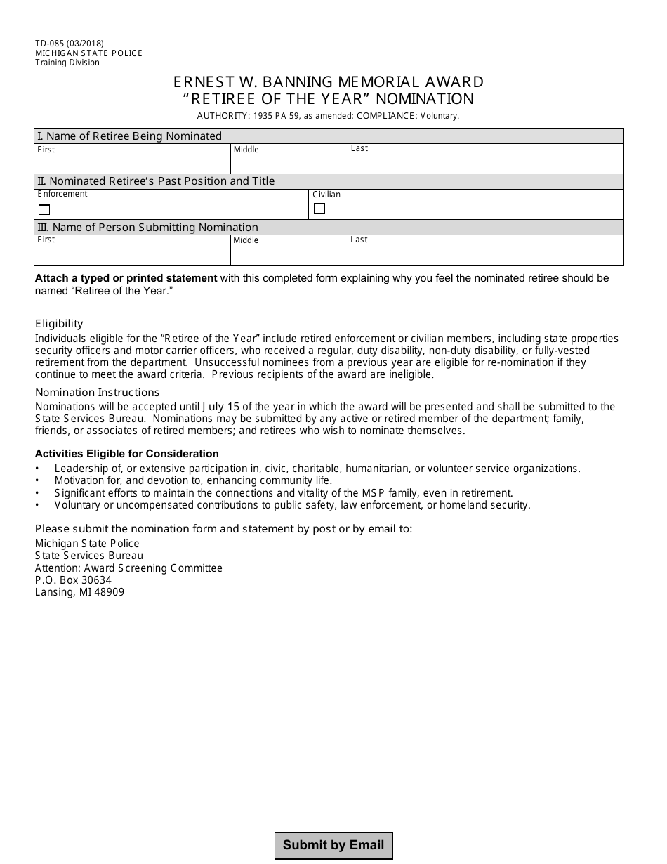 Form TD-085 Ernest W. Banning Memorial Award retiree of the Year Nomination - Michigan, Page 1