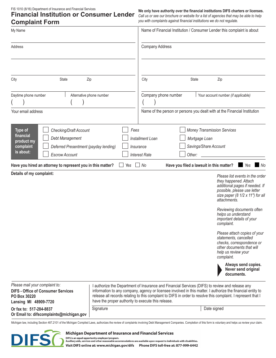Form FIS1010 Financial Institution or Consumer Lender Complaint Form - Michigan, Page 3