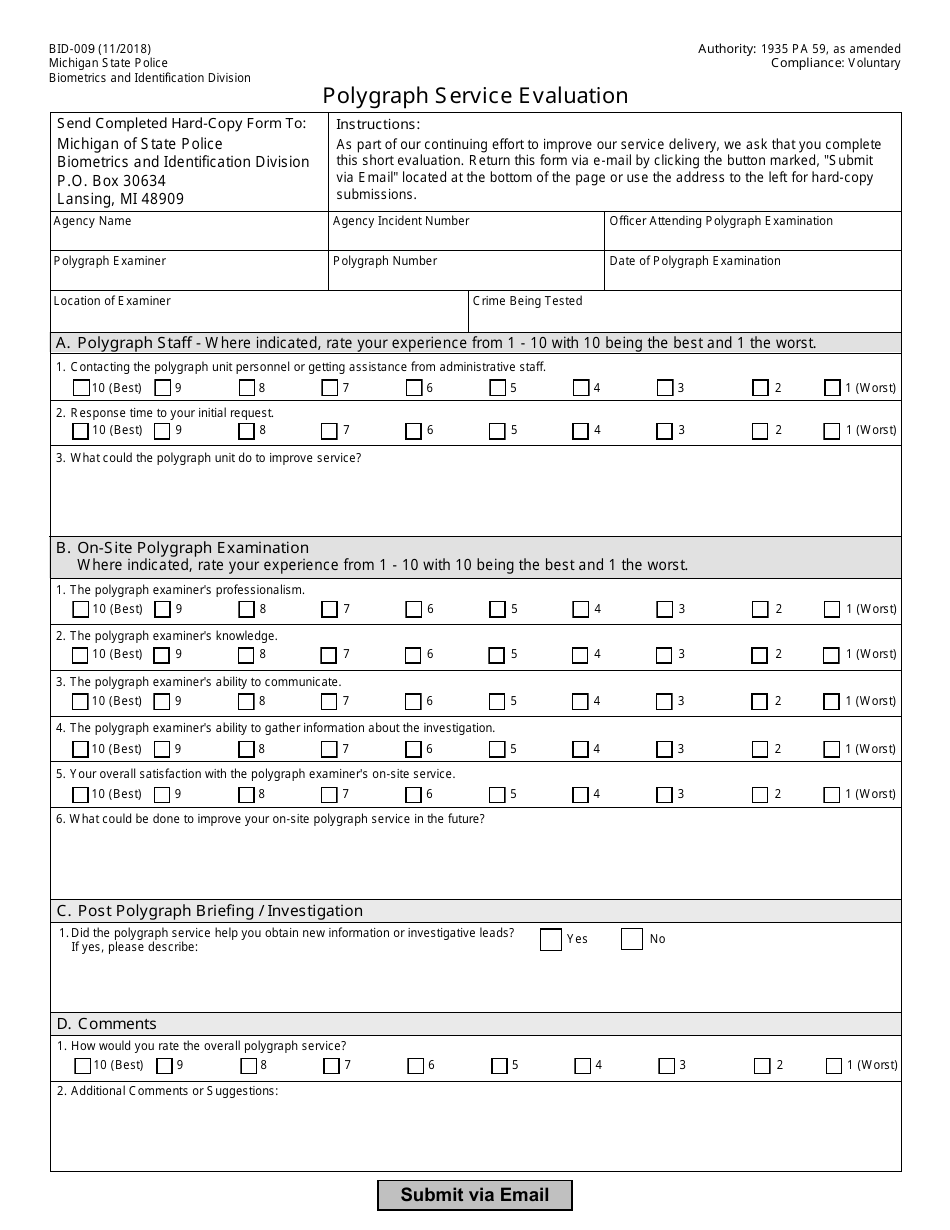 Form BID-009 Polygraph Service Evaluation - Michigan, Page 1
