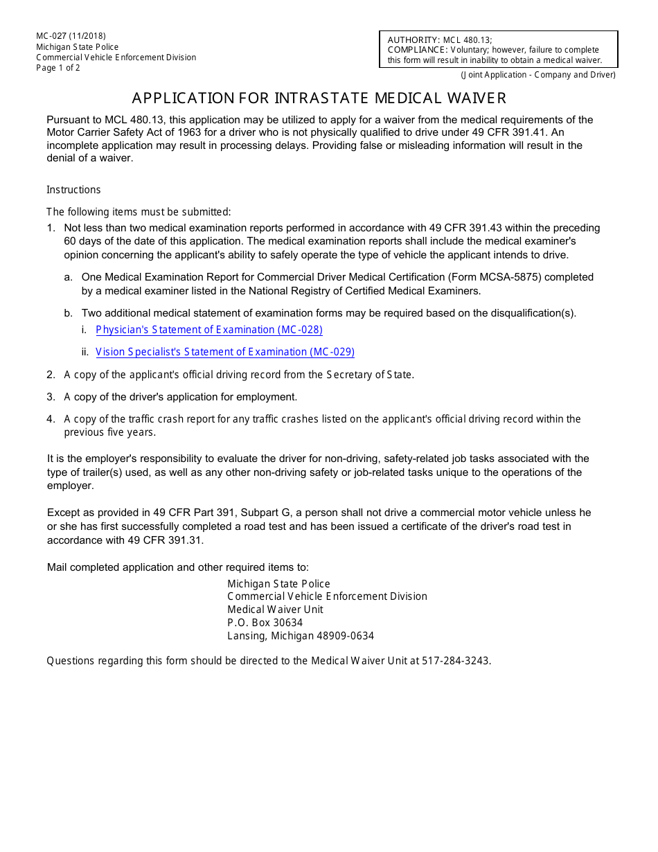 Form MC-027 Application for Intrastate Medical Waiver - Michigan, Page 1