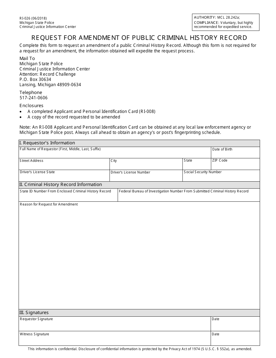 Form RI-026 Request for Amendment of Public Criminal History Record - Michigan, Page 1