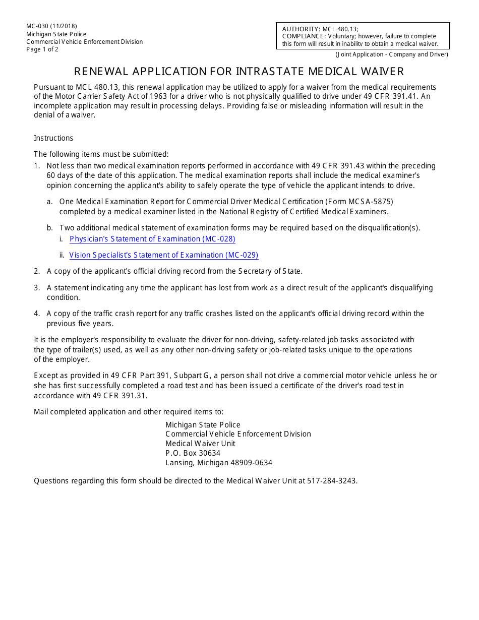 Form MC-030 Renewal Application for Intrastate Medical Waiver - Michigan, Page 1