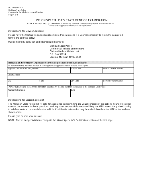 Form MC-029 Vision Specialist's Statement of Examination - Michigan