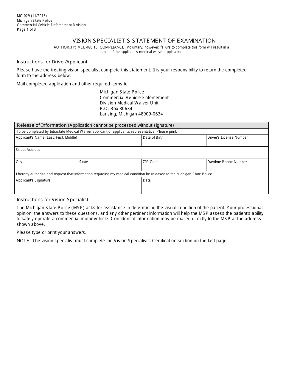 Form MC-029 Vision Specialists Statement of Examination - Michigan, Page 1