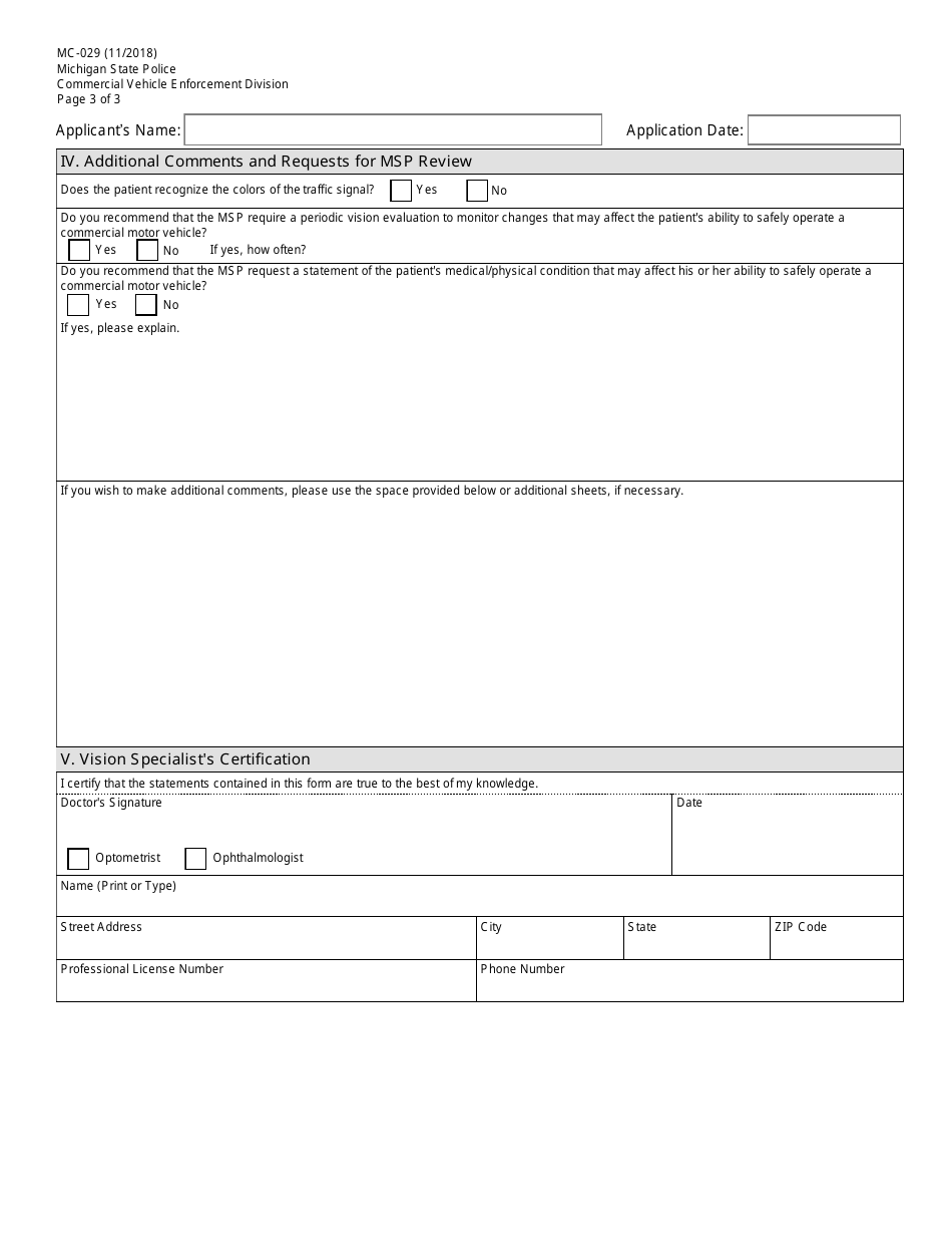 Form MC-029 Vision Specialists Statement of Examination - Michigan, Page 3