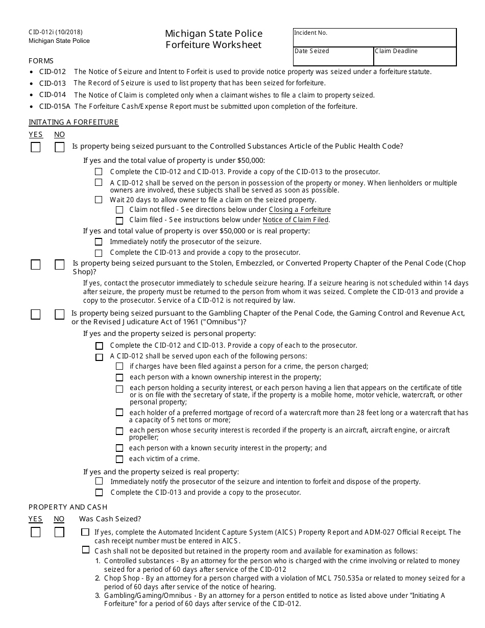 Form CID-012I Forfeiture Worksheet - Michigan, Page 1