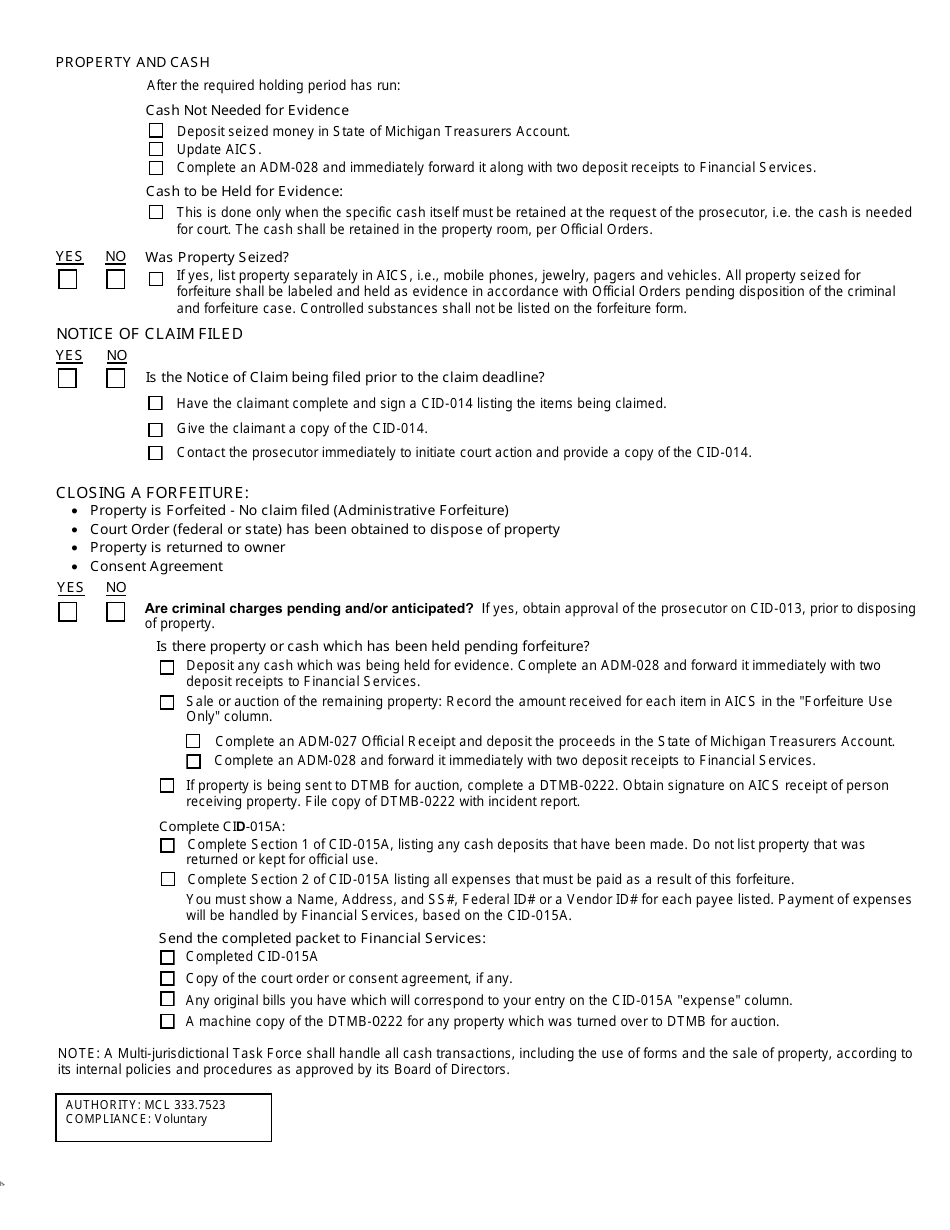 Form CID-012I Forfeiture Worksheet - Michigan, Page 2