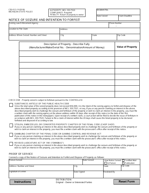 Form CID-012 Notice of Seizure and Intention to Forfeit - Michigan