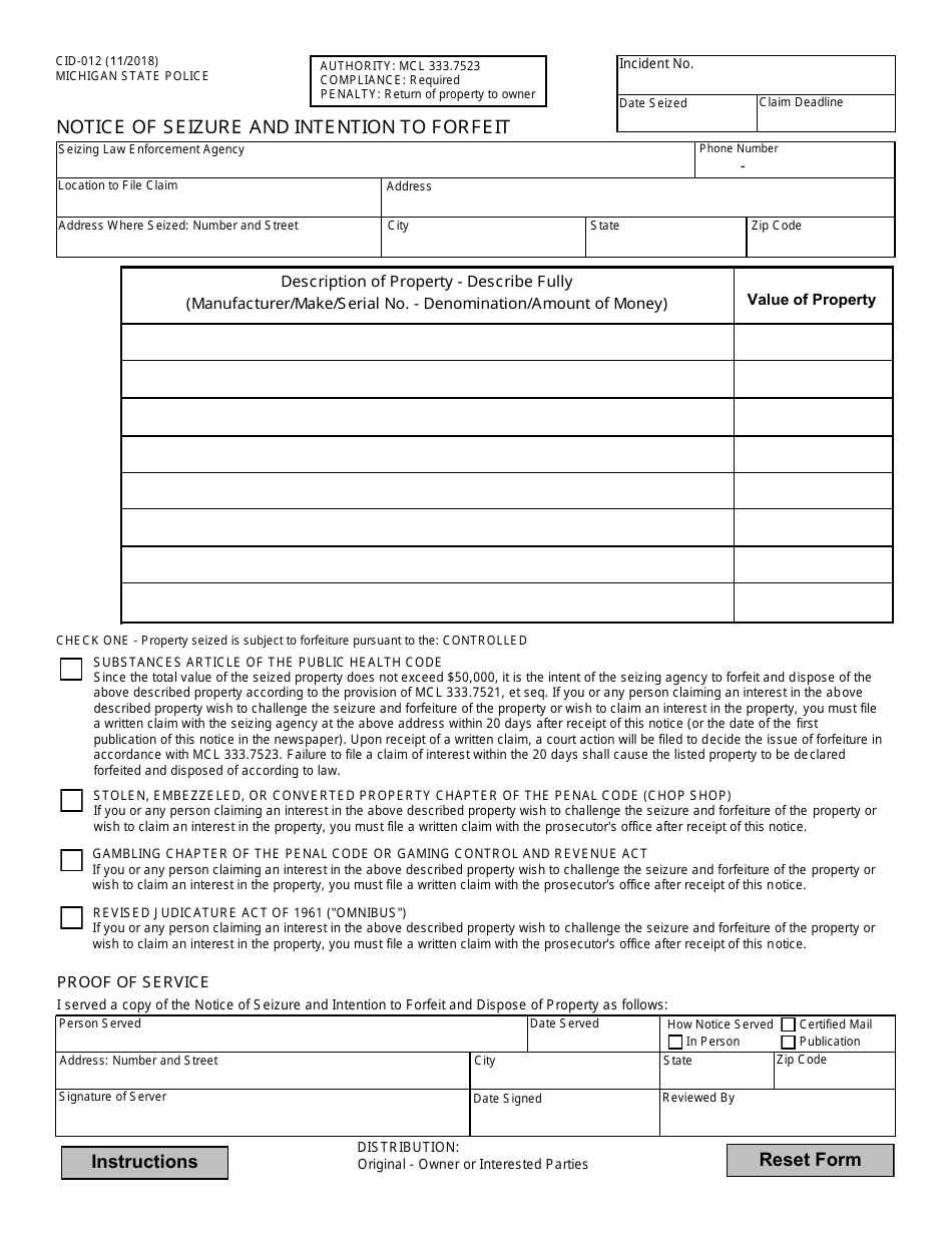 Form CID-012 Notice of Seizure and Intention to Forfeit - Michigan, Page 1