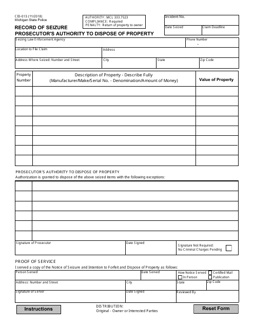 Form CID-013  Printable Pdf
