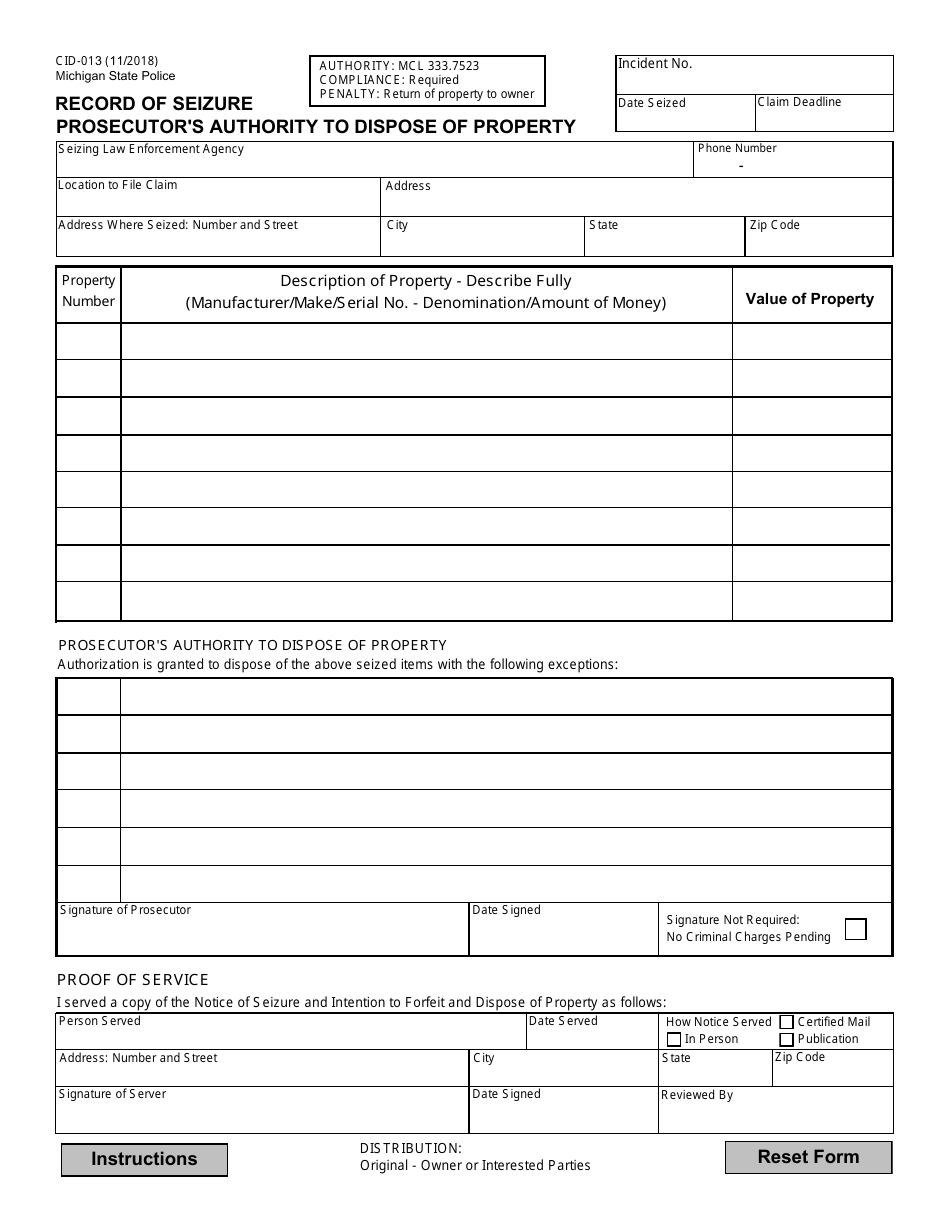 Form CID-013 Record of Seizure Prosecutors Authority to Dispose of Property - Michigan, Page 1