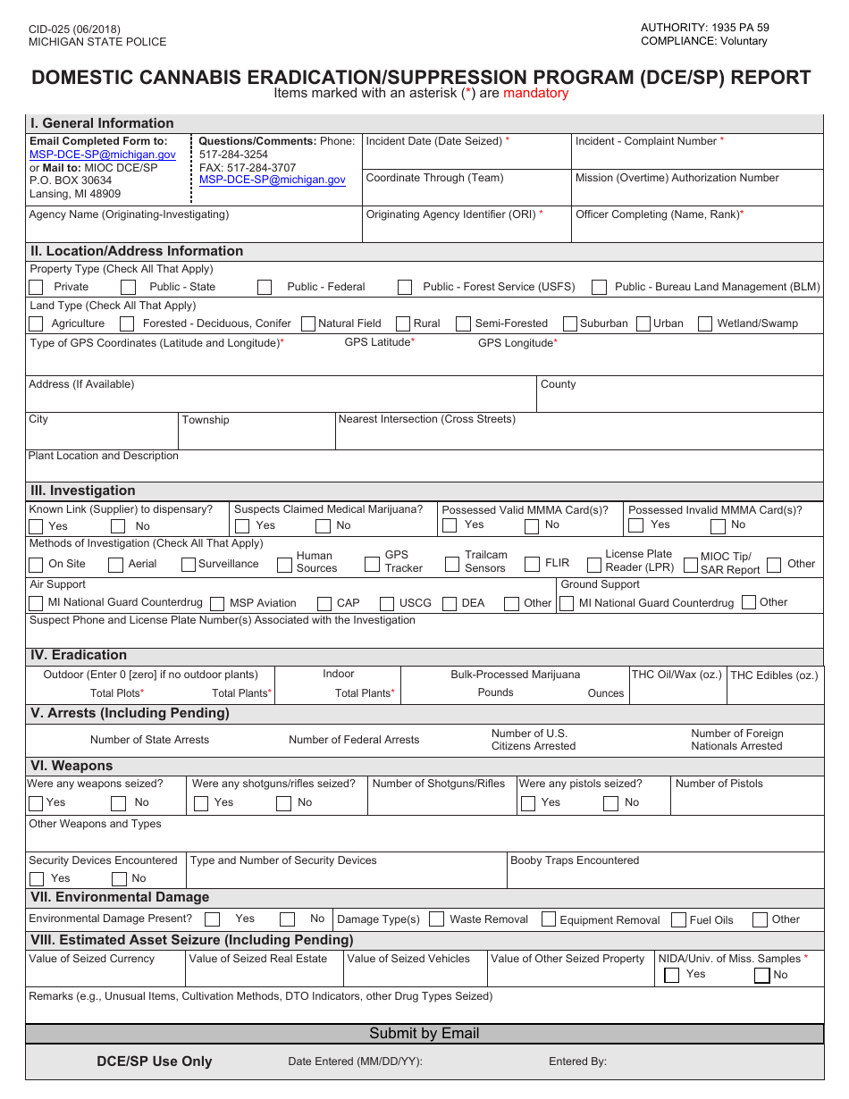 Form CID-025 Domestic Cannabis Eradication / Suppression Program (Dce / Sp) Report - Michigan, Page 1