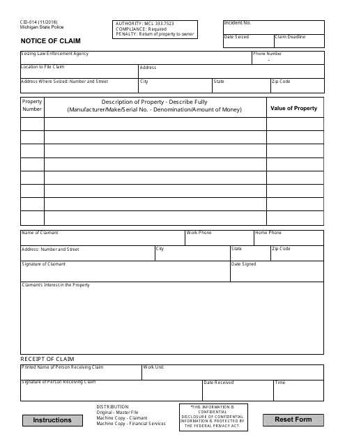 Form CID-014 Notice of Claim - Michigan