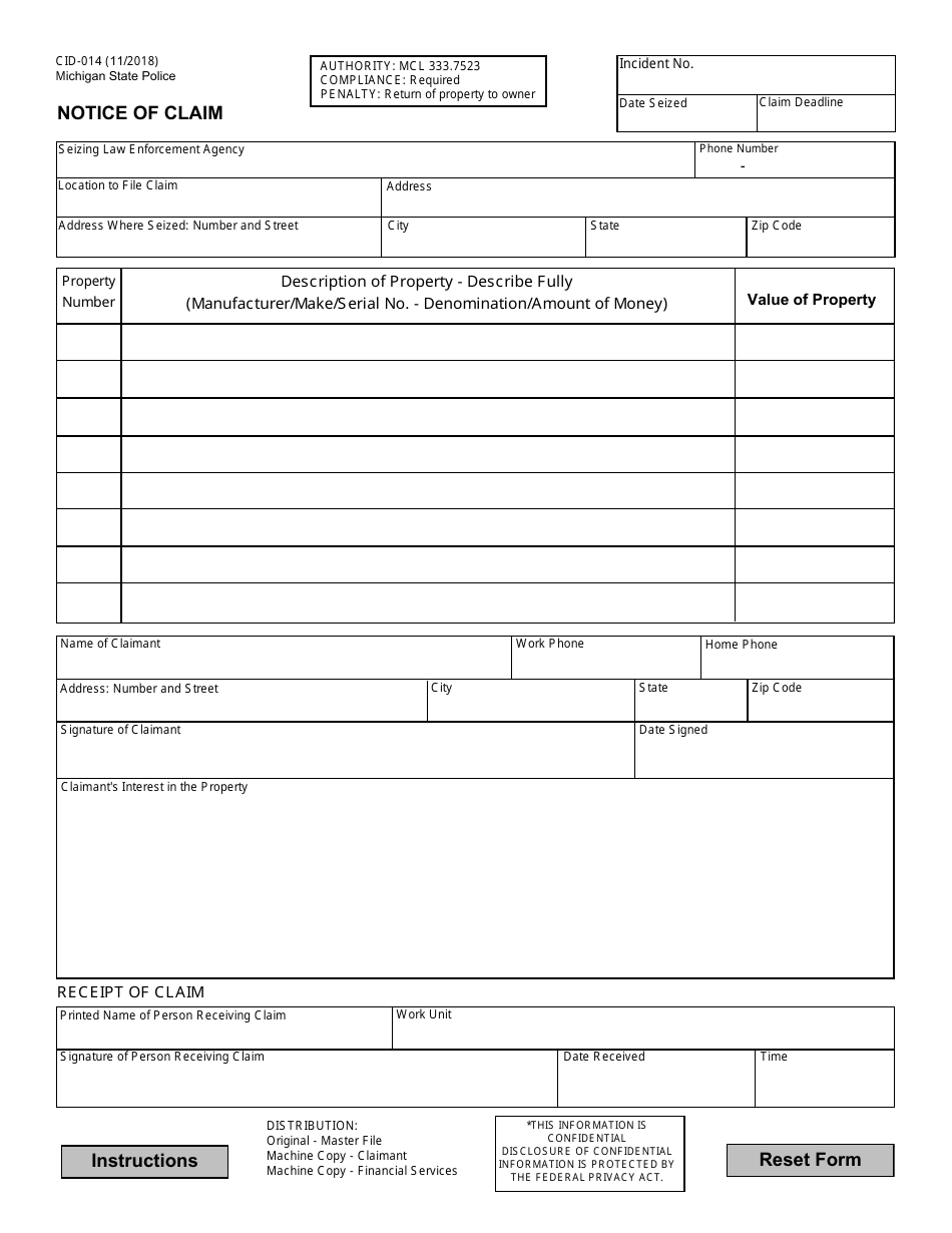 Form CID-014 Notice of Claim - Michigan, Page 1