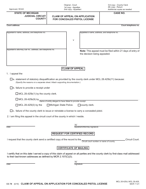 Form CC79 Claim of Appeal on Application for Concealed Pistol License - Michigan