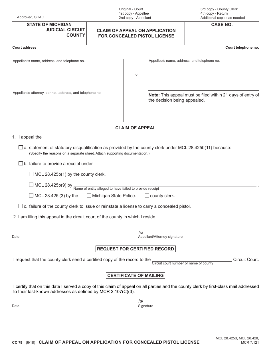 Form CC79 Claim of Appeal on Application for Concealed Pistol License - Michigan, Page 1