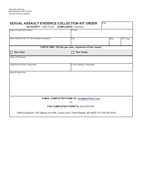 Form FSD-056 Sexual Assault Evidence Collection Kit Order - Michigan