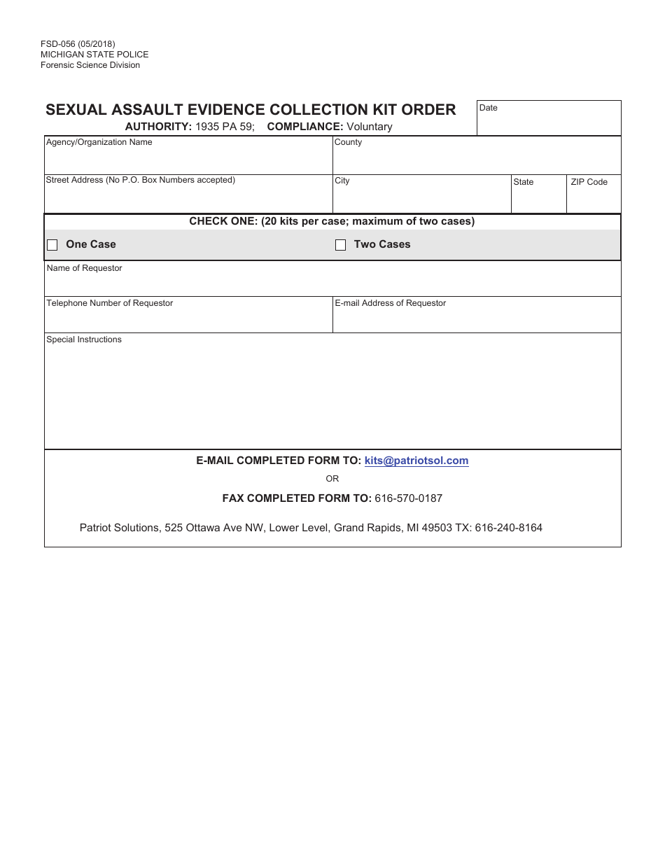 Form FSD-056 Sexual Assault Evidence Collection Kit Order - Michigan, Page 1