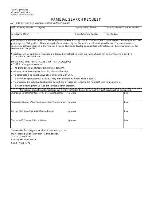 Form FSD-053 Familial Search Request - Michigan