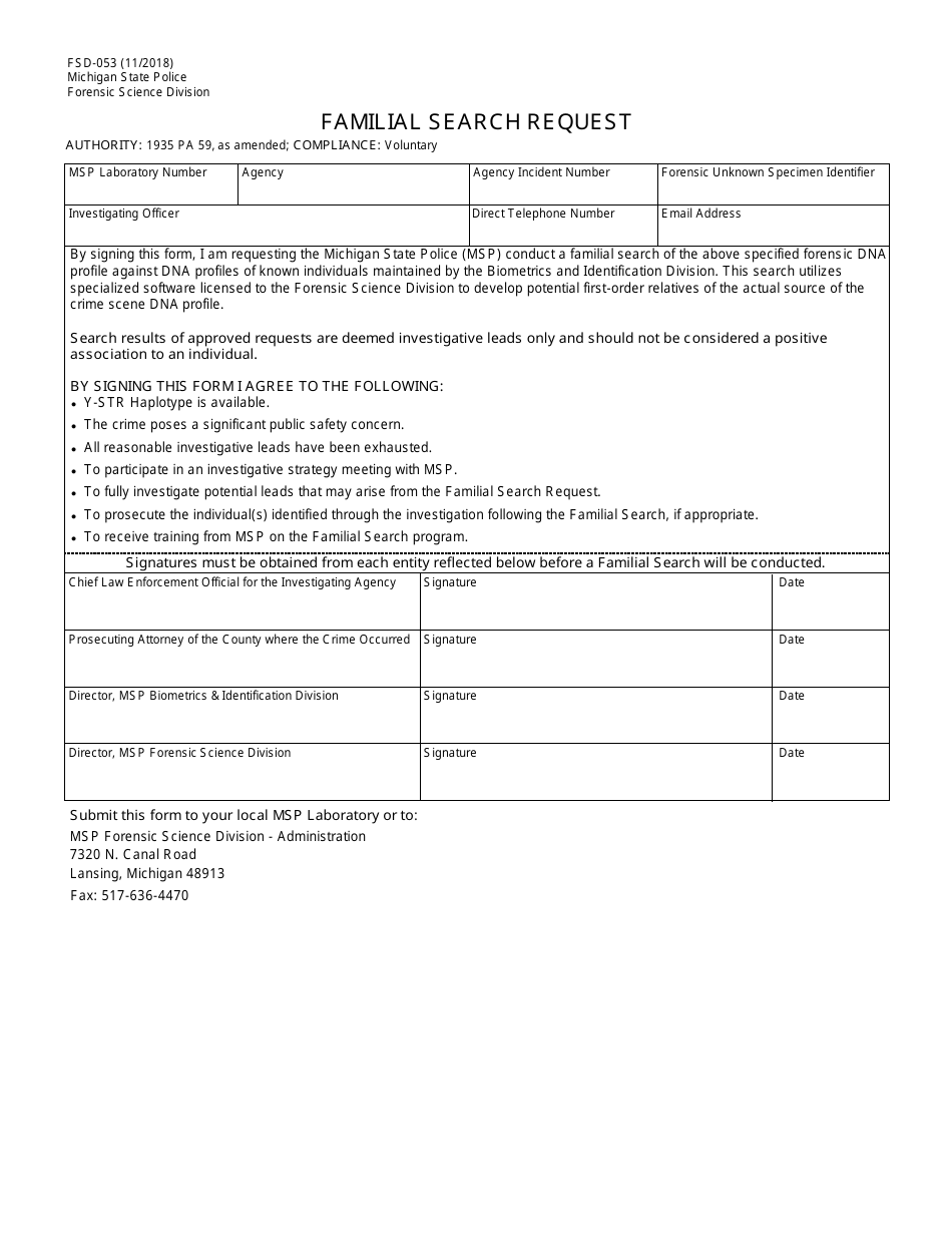 Form FSD-053 Familial Search Request - Michigan, Page 1