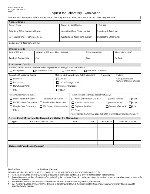 Form FSD-007 Request for Laboratory Examination - Michigan