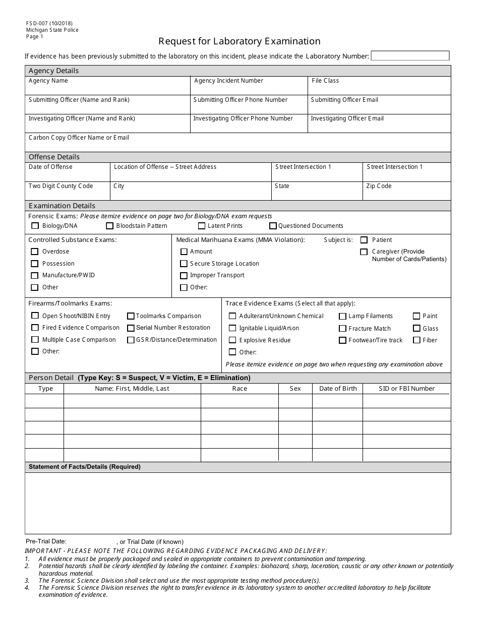 Form FSD-007 Request for Laboratory Examination - Michigan, Page 1