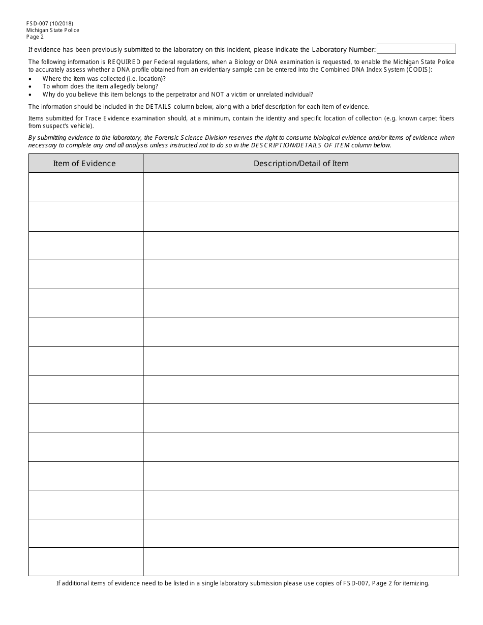 Form FSD-007 Request for Laboratory Examination - Michigan, Page 2