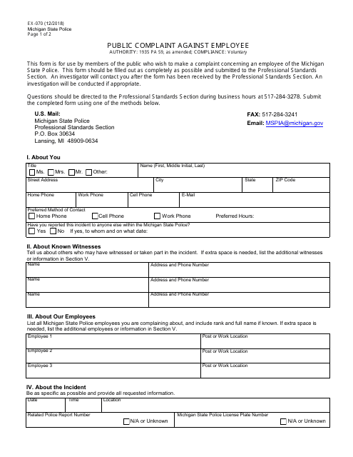 Form EX-070 Public Complaint Against Employee - Michigan