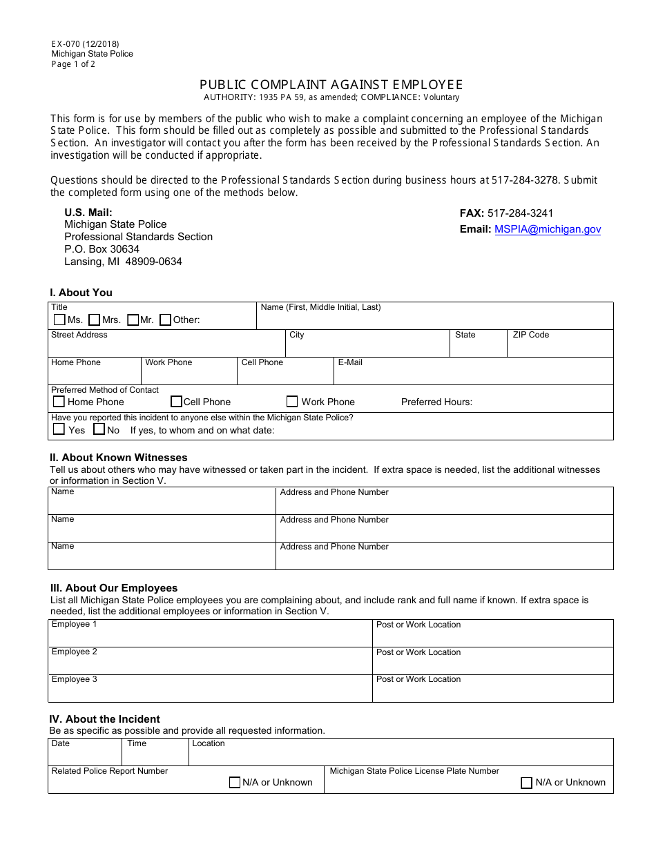 Form EX-070 Public Complaint Against Employee - Michigan, Page 1