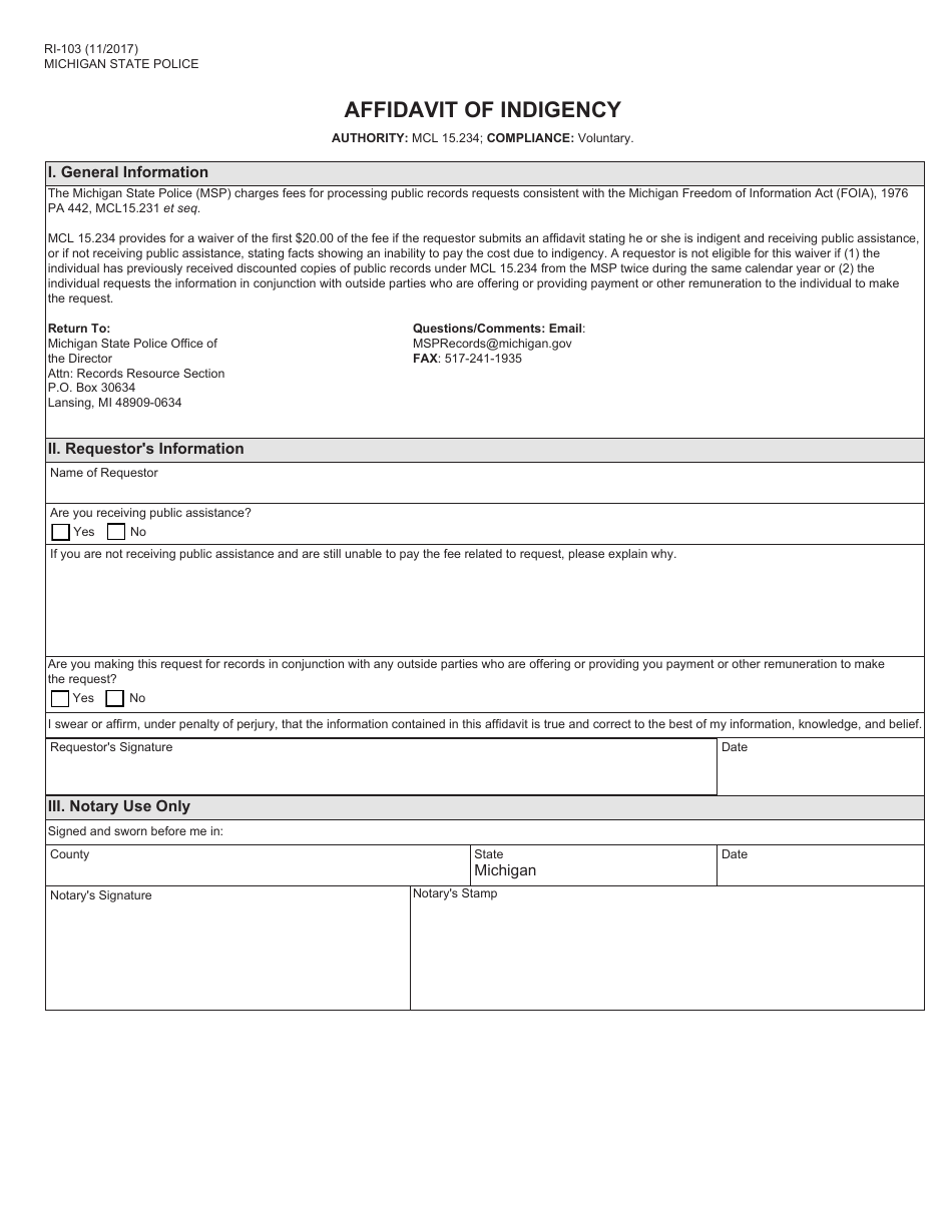 Form RI-103 Affidavit of Indigency - Michigan, Page 1