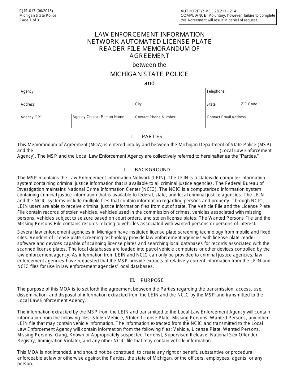 Form CJIS-017 Law Enforcement Information Network Automated License Plate Reader File Memorandum of Agreement - Michigan, Page 1