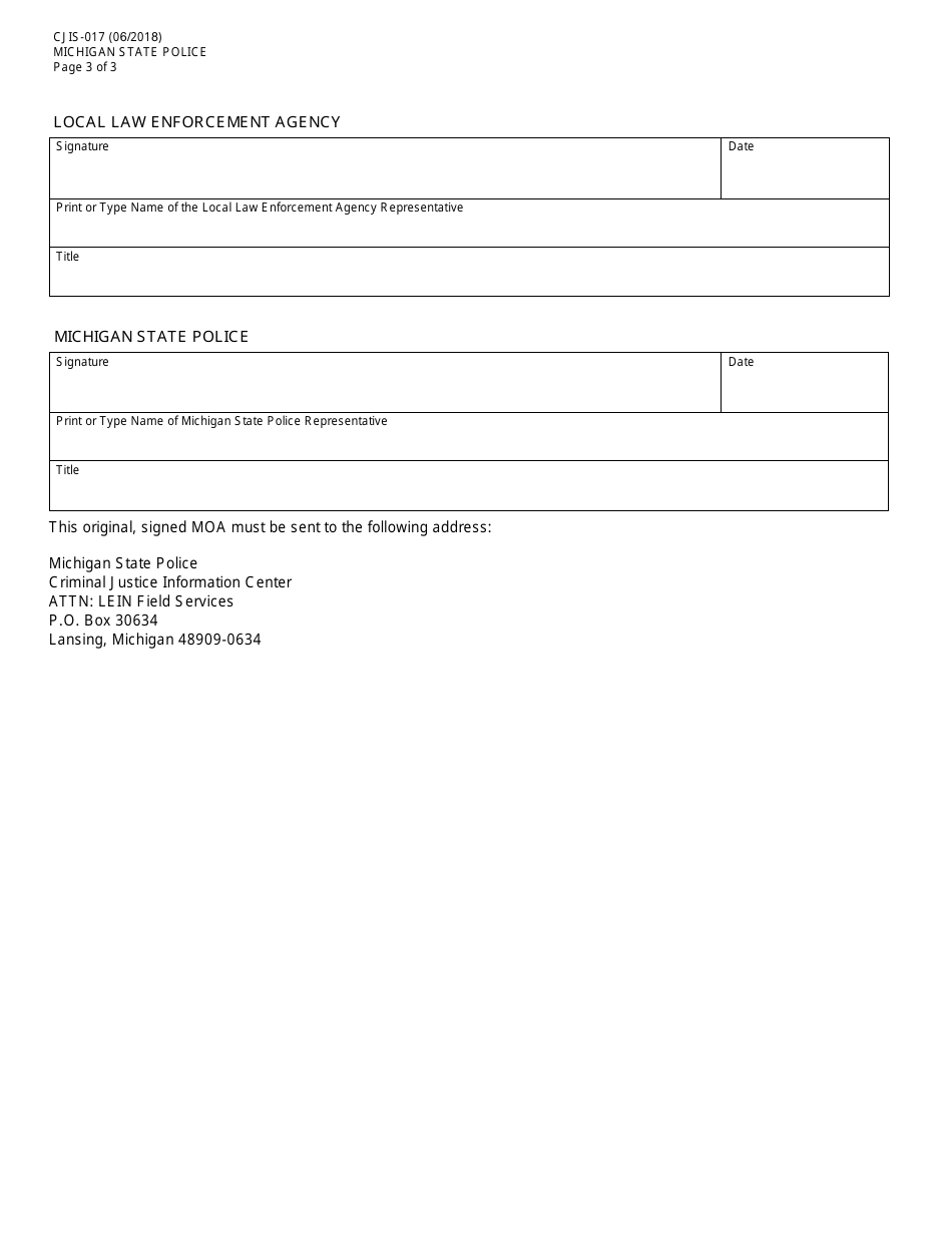 Form CJIS-017 Law Enforcement Information Network Automated License Plate Reader File Memorandum of Agreement - Michigan, Page 3