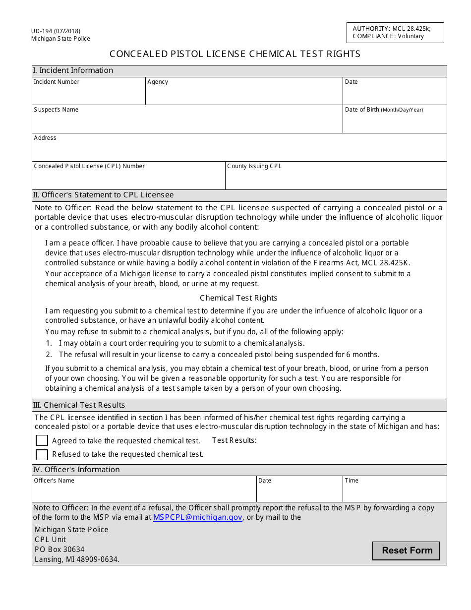 Form UD-194 Concealed Pistol License Chemical Test Rights - Michigan, Page 1