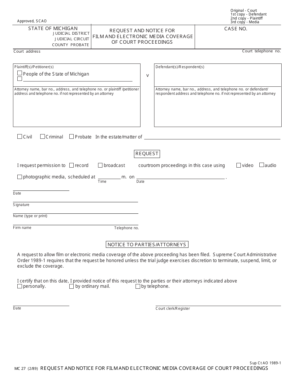 Form MC27 Request and Notice for Film and Electronic Media Coverage of Court Proceedings - Michigan, Page 1