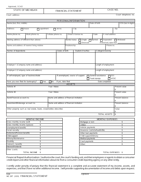 Form MC287 Financial Statement - Michigan