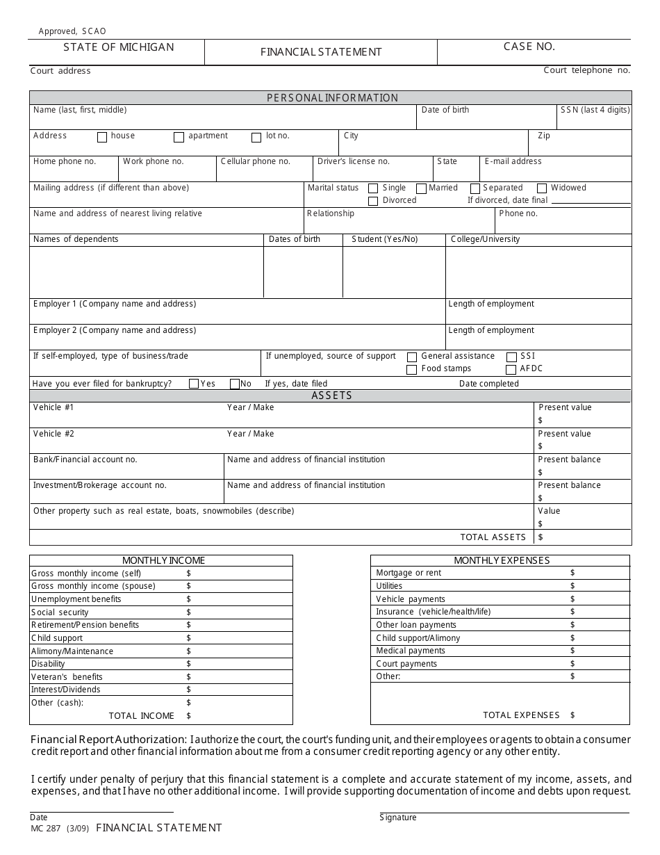 Form MC287 Financial Statement - Michigan, Page 1