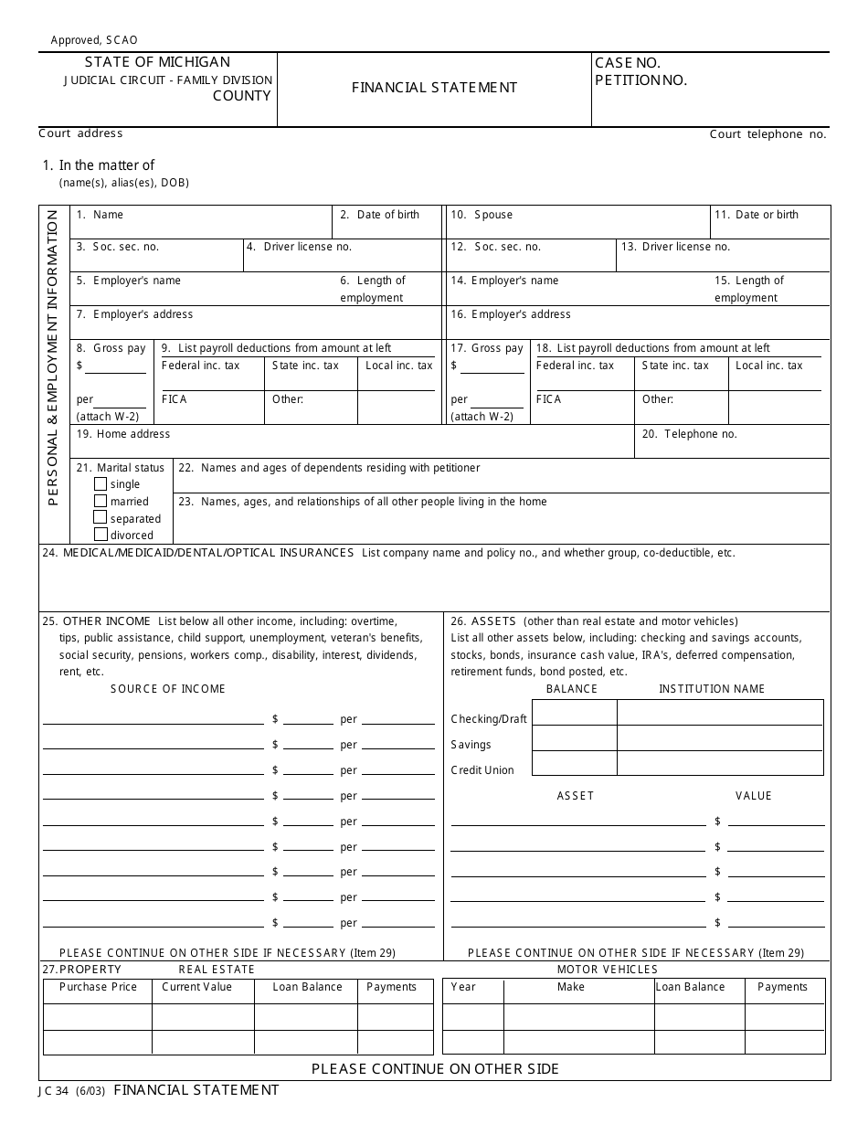 Form JC34 Financial Statement - Michigan, Page 1