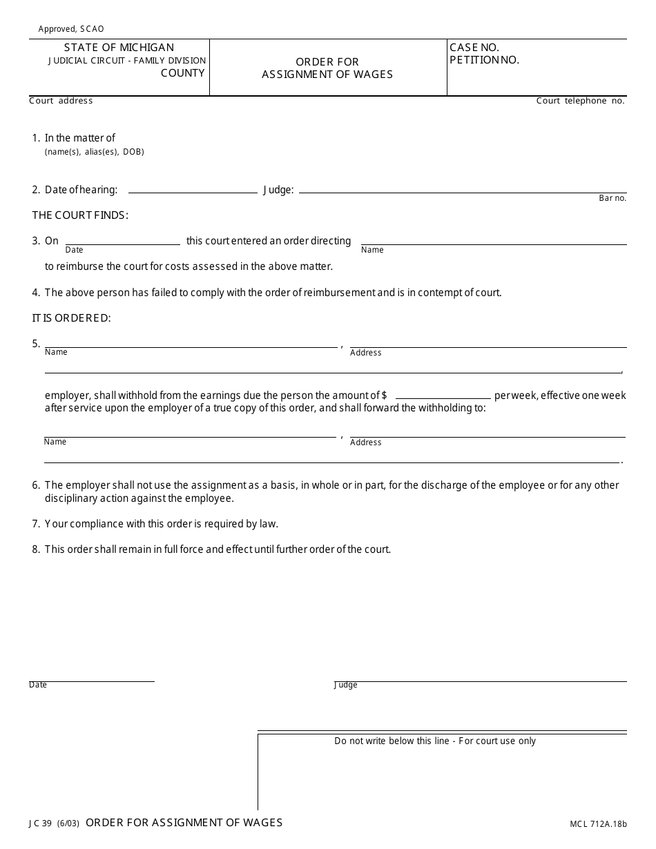 Form JC39 Order for Assignment of Wages - Michigan, Page 1